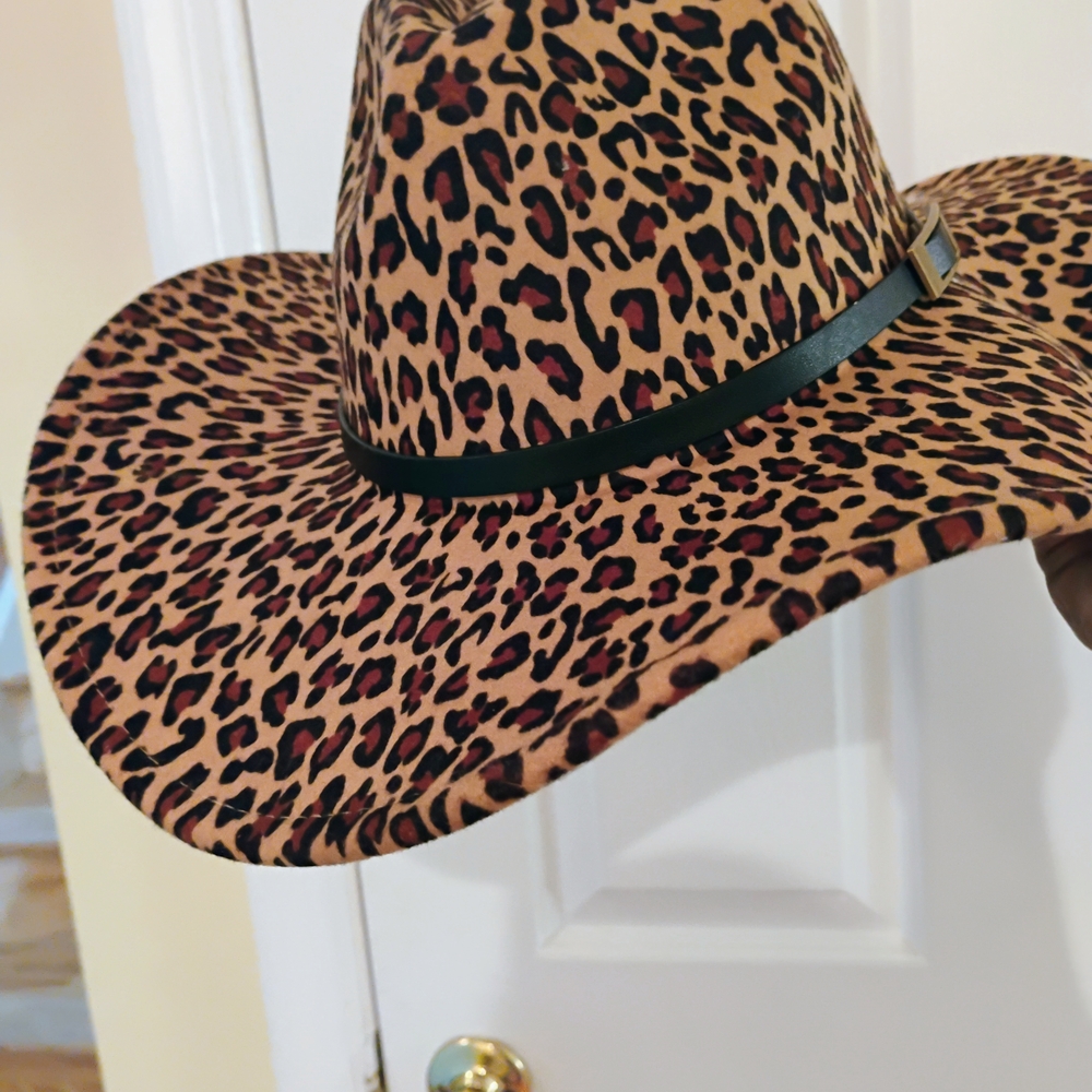 Brown and Black Leopard Print Hat with Wide Brim - Picture 4 of 6